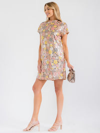 WOMEN'S SHORT SLEEVE MOCK NECK SEQUINS FLORAL TUNIC MINI DRESS