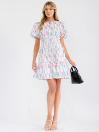 WOMEN'S SHORT SLEEVE BUTTON CLOSURE ELASTIC WAIST PRINT MINI DRESS