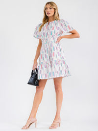 WOMEN'S SHORT SLEEVE BUTTON CLOSURE ELASTIC WAIST PRINT MINI DRESS