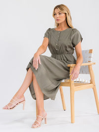 WOMEN'S SHORT SLEEVE BUTTON UP ELASTIC WAIST LINEN MIDI DRESS
