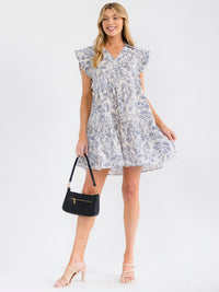 WOMEN'S RUFFLE SLEEVE V-NECK FRONT POCKETS TIERED MULTI PRINT MINI DRESS