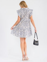 WOMEN'S RUFFLE SLEEVE V-NECK FRONT POCKETS TIERED MULTI PRINT MINI DRESS