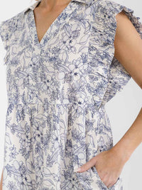 WOMEN'S RUFFLE SLEEVE V-NECK FRONT POCKETS TIERED MULTI PRINT MINI DRESS