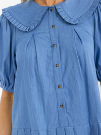 WOMEN'S SHORT PUFF SLEEVE BUTTON UP LOOSE FIT DENIM MINI DRESS