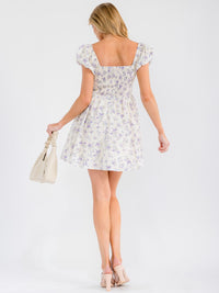 WOMEN'S SHORT PUFF SLEEVE SWISS SMOCK FLORAL MINI DRESS