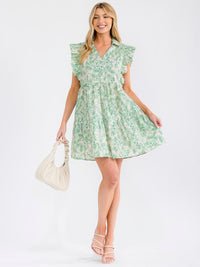 WOMEN'S RUFFLE SLEEVE V-NECK FRONT POCKETS TIERED MULTI PRINT MINI DRESS