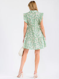 WOMEN'S RUFFLE SLEEVE V-NECK FRONT POCKETS TIERED MULTI PRINT MINI DRESS