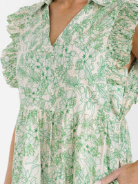 WOMEN'S RUFFLE SLEEVE V-NECK FRONT POCKETS TIERED MULTI PRINT MINI DRESS