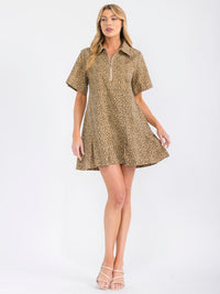 WOMEN'S SHORT SLEEVE ZIP UP FRONT POCKETS ANIMAL PRINT DENIM MINI DRESS