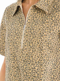 WOMEN'S SHORT SLEEVE ZIP UP FRONT POCKETS ANIMAL PRINT DENIM MINI DRESS