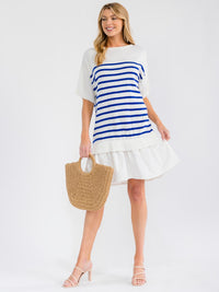WOMEN'S SHORT SLEEVE COLORBLOCK STRIPES RUFFLE BOTTOM HEM LOOSE FIT MIDI DRESS