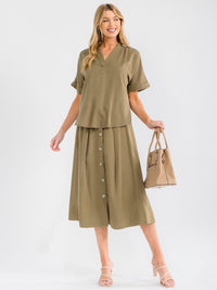 WOMEN'S SHORT SLEEVE BLOUSE & BUTTON UP MIDI SKIRT SOLID 2PC. SET
