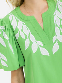 WOMEN'S SHORT PUFF SLEEVE V-NECK EMBROIDERY LEAF BLOUSE