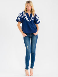 WOMEN'S SHORT PUFF SLEEVE V-NECK EMBROIDERY LEAF BLOUSE