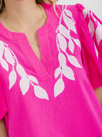 WOMEN'S SHORT PUFF SLEEVE V-NECK EMBROIDERY LEAF BLOUSE