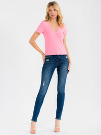 WOMEN'S SHORT SLEEVE V-NECK RUCHED RIBBED BLOUSE
