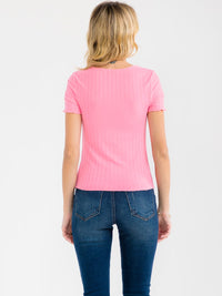 WOMEN'S SHORT SLEEVE V-NECK RUCHED RIBBED BLOUSE