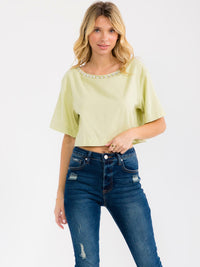 WOMEN'S SHORT SLEEVE STUDS NECK TRIM BACK BUTTON UP LINEN BLOUSE