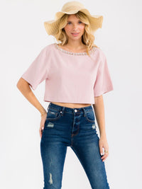 WOMEN'S SHORT SLEEVE STUDS NECK TRIM BACK BUTTON UP LINEN BLOUSE