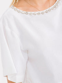 WOMEN'S SHORT SLEEVE STUDS NECK TRIM BACK BUTTON UP LINEN BLOUSE