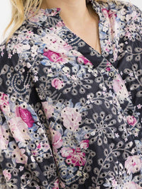WOMEN'S LONG SLEEVE BUTTON UP FLORAL EYELET BLOUSE