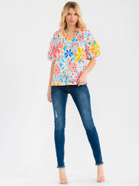 WOMEN'S SHORT PUFF SLEEVE V-NECK FLORAL PRINT BLOUSE