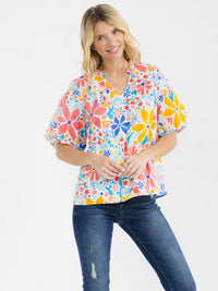 WOMEN'S SHORT PUFF SLEEVE V-NECK FLORAL PRINT BLOUSE
