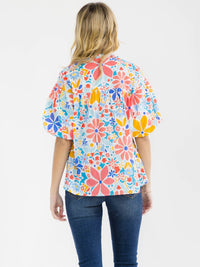 WOMEN'S SHORT PUFF SLEEVE V-NECK FLORAL PRINT BLOUSE