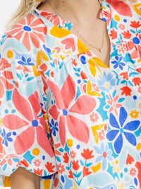 WOMEN'S SHORT PUFF SLEEVE V-NECK FLORAL PRINT BLOUSE