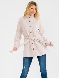 WOMEN'S LONG SLEEVE BUTTON UP FRONT POCKETS SELF TIE COAT
