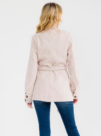 WOMEN'S LONG SLEEVE BUTTON UP FRONT POCKETS SELF TIE COAT