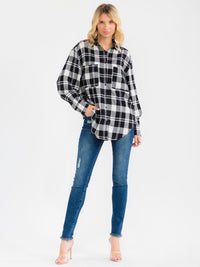 WOMEN'S LONG SLEEVE BUTTON UP FRONT POCKETS PLAID SHIRT