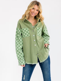 WOMEN'S LONG SLEEVE BUTTON CLOSURE FRONT POCKETS CHEKERS DENIM JACKET
