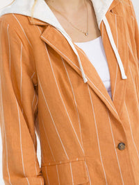 WOMEN'S LONG SLEEVE BUTTON CLOSURE FRONT POCKETS HOODED STRIPES BLAZER