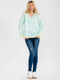 WOMEN'S LONG SLEEVE V-NECK COLORBLOCK STRIPES PULLOVER SWEATER