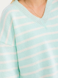 WOMEN'S LONG SLEEVE V-NECK COLORBLOCK STRIPES PULLOVER SWEATER