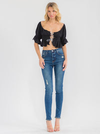 WOMEN'S SHORT SLEEVE LACE UP FRONT ELASTIC WAIST CROP TOP