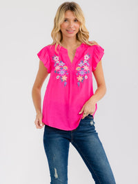 WOMEN'S SHORT SLEEVE V-NECK EMBROIDERY FLORAL BLOUSE