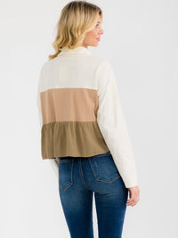 WOMEN'S LONG SLEEVE BUTTON UP TIERED COLORBLOCK BLOUSE