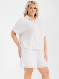 PLUS SIZE SHORT SLEEVE TOP & ELASTIC WAIST SHORTS LACE STRIPES 2PC. SET