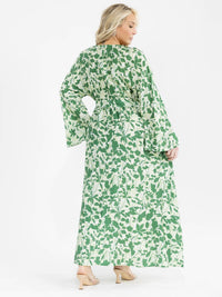 PLUS SIZE LONG SLEEVE SURPLICE SELF TIE SIDE SLIT LEAF PRINT MAXI DRESS