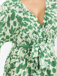 PLUS SIZE LONG SLEEVE SURPLICE SELF TIE SIDE SLIT LEAF PRINT MAXI DRESS