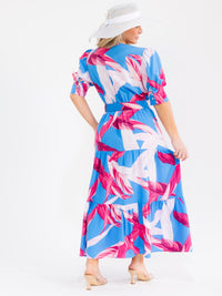 PLUS SIZE SHORT SLEEVE BELTED LEAF PRINT MAXI DRESS