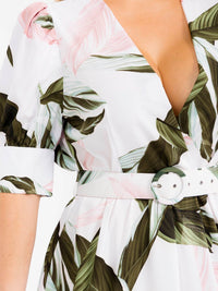 PLUS SIZE SHORT SLEEVE BELTED LEAF PRINT MAXI DRESS