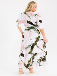 PLUS SIZE SHORT SLEEVE BELTED LEAF PRINT MAXI DRESS