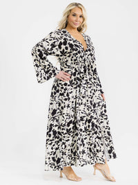 PLUS SIZE LONG SLEEVE SURPLICE SELF TIE SIDE SLIT LEAF PRINT MAXI DRESS
