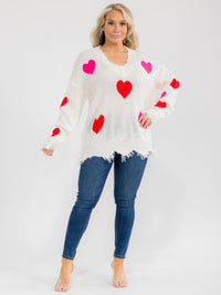 PLUS SIZE LONG SLEEVE V-NECK HEART KNIT RAW EDGE PULLOVER SWEATER