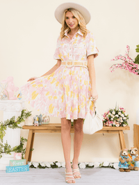 WOMEN'S SHORT SLEEVE BUTTON UP BELT PLEATED MINI DRESS