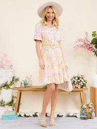 WOMEN'S SHORT SLEEVE BUTTON UP BELT PLEATED MINI DRESS