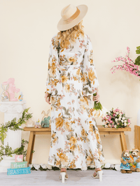 WOMEN'S LONG BELL SLEEVE SELF TIE HIGH-LOW FLORAL WRAP MAXI DRESS
